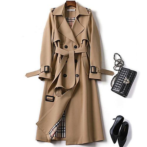 

Women's Trench Coat Daily Fall Winter Long Coat Regular Fit Warm Fashion Classic Jacket Long Sleeve Plaid Lace up Blue Camel / Spring / Work / Patchwork