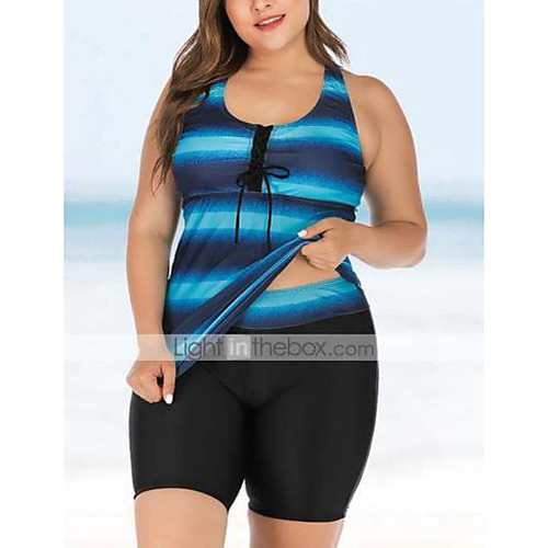 

Women's Tankini 2 Piece Swimsuit Tummy Control Racerback High Waist Color Block Blue Navy Blue Plus Size Swimwear Bathing Suits New / Slim / Padded Bras / Beach