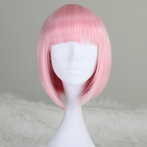 

halloweencostumes Synthetic Wig Straight Bob With Bangs Wig Pink Short T-Rose Silver grey White Blue Purple Synthetic Hair 12 inch Women's Pink