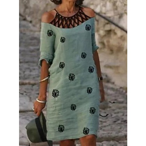 

Women's Shift Dress Knee Length Dress Black and white stripes Green Blue Gray Purple Dusty Blue Orange Yellow 3/4 Length Sleeve Print Print Spring Summer Off Shoulder Hot Casual Vintage Loose 2022 S