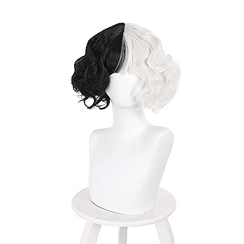 

halloweencostumes Cruella Devil Cosplay Costume Wig Black And White Synthetic Hair Heat Resistant Role Play Hairs for Halloween Christmas Carnival Party