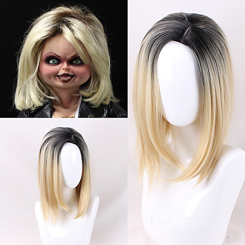 

halloweencostumes Chucky Wig Bride of Chucky Women Blonde Black Center Parting Role Play Jennifer Tilly Heat Resistant Cosplay Costume Wig