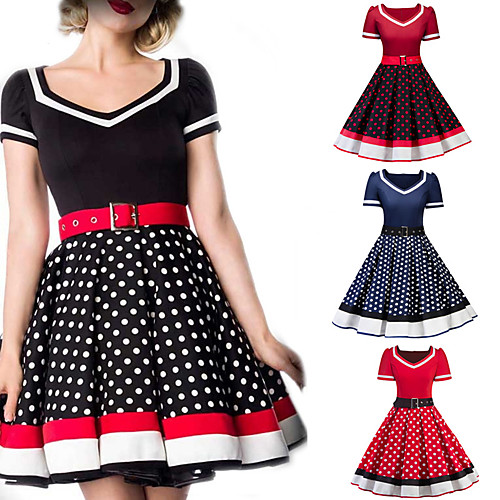 

Audrey Hepburn Polka Dots Dress Retro Vintage 1950s Vacation Dress Fall Prom Dress Women's Adults' Costume Black White Red Ink Blue Half Sleeve Knee Length A-Line