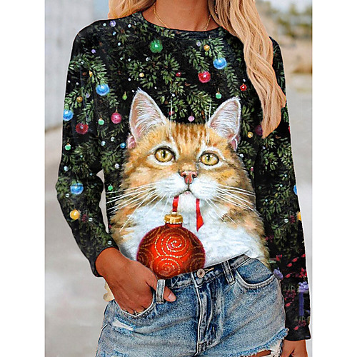 

Women's 3D Cat Painting T shirt Cat Snowflake Animal Long Sleeve Print Round Neck Basic Tops Regular Fit Green / 3D Print