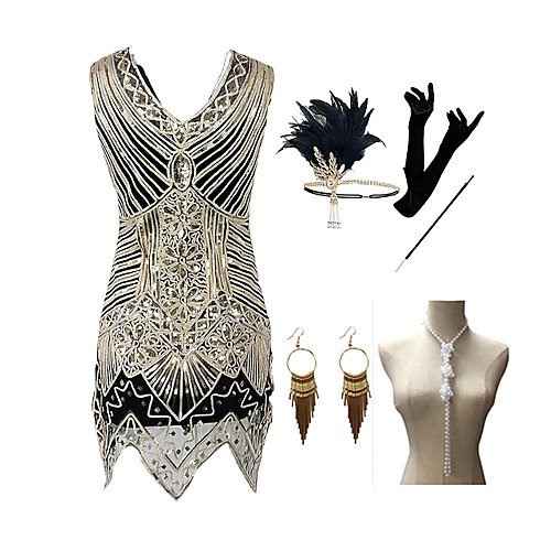 The Great Gatsby Roaring 20s 1920s Vintage Vacation Dress Flapper Dress Outfits Masquerade Prom Dress Women's Costume Golden Vintage Cosplay Party Prom / Gloves / Headwear / Necklace / Earrings