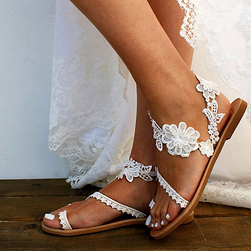 Women's Sandals Boho Bohemia Beach Wedding Sandals Bridal Shoes Bridesmaid Shoes Lace Flat Heel Open Toe Wedding Daily Beach Lace PU Loafer Summer White