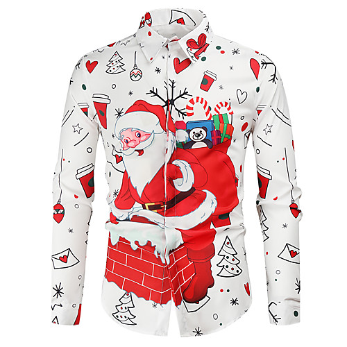 

Men's Christmas Shirt Other Prints Santa Claus Long Sleeve Regular Fit Tops Simple Button Down Collar A