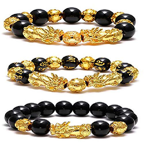 

Feng Shui Pixiu Black Obsidian Wealth Bracelet Color Change Gold Plated Adjustable Handmade Braided Rope Lucky Jwelry