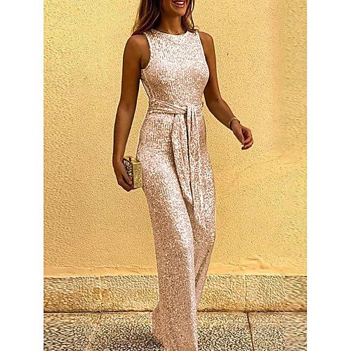 

Women's Sexy Sophisticated Christmas Party Holiday Crew Neck 2021 Blue Blushing Pink Gold Slim Jumpsuit Solid Color Backless Lace up Patchwork