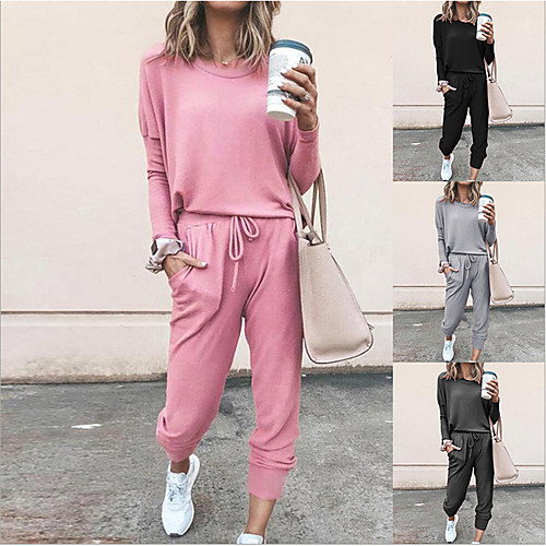 

Women's Sweatsuit 2 Piece Set Drawstring Pocket Loose Fit Minimalist Crew Neck Polyester Solid Color Cute Sport Athleisure Clothing Suit Long Sleeve Soft Oversized Comfortable Running Everyday Use