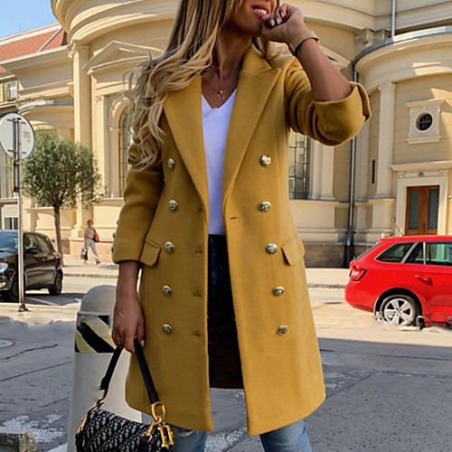 

Women's Trench Coat Going out Fall & Winter Regular Coat Regular Fit Chinoiserie Jacket Long Sleeve Solid Colored Yellow Black