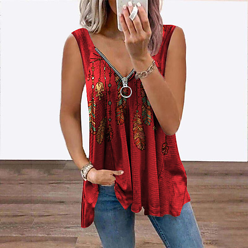 

Women's Tank Top Vest Feather Flowing tunic Quarter Zip Print V Neck Basic Streetwear Tops Blue Purple Black