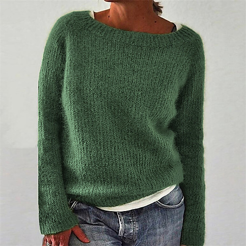

Women's Sweater Pullover Knitted Solid Color Basic Casual St. Patrick's Day Long Sleeve Regular Fit Sweater Cardigans Boat Neck Fall Winter Green Blue Black / Holiday / Going out