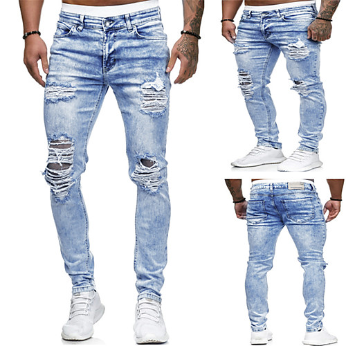 

Men's Stylish Sporty Casual Sporty Streetwear Comfort Pants Jeans Trousers Denim Daily Sports Pants Solid Color Full Length Light Blue