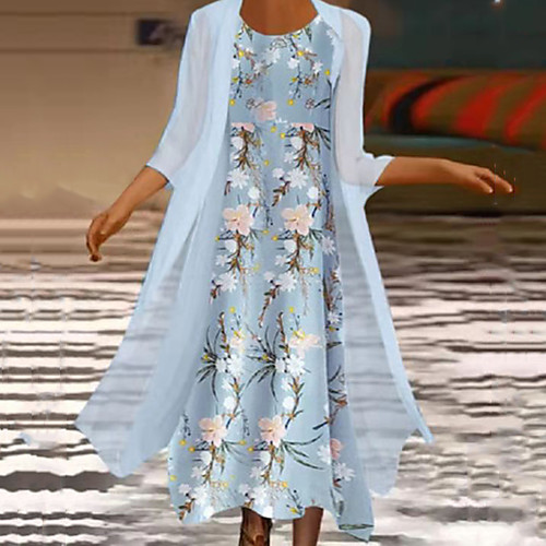 

Women's Two Piece Dress Midi Dress Light Blue 3/4 Length Sleeve Floral Print Fall Spring Round Neck Elegant Casual Loose 2022 S M L XL XXL 3XL
