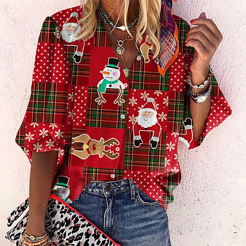

Women's Blouse Shirt Plaid Deer Button Print Standing Collar Streetwear Christmas Tops Red / 3D Print