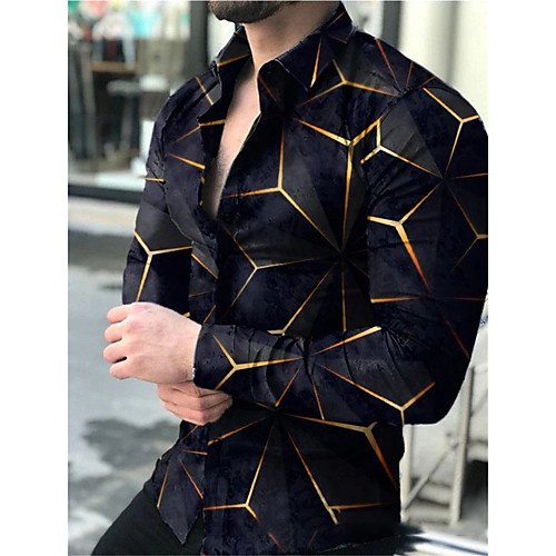 

Men's Shirt Geometry Collar Casual Daily Button-Down Print Long Sleeve Regular Fit Tops Casual Fashion Comfortable Black / Sports