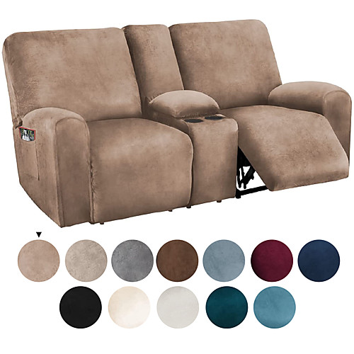 

Reclining Love Seat with Middle Console Slipcover, 1 Set of 8-Pieces Velvet Stretch Loveseat Reclining Sofa Covers, 2 seat Loveseat Recliner Cover, Thick, Soft, Washable, Love seat Slipcovers