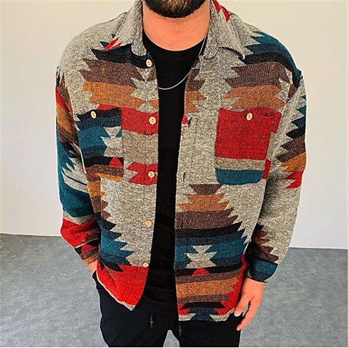 

Men's Jacket Shacket Shirt Street Daily Going out Fall Regular Coat Regular Fit Breathable Sporty Casual Street wear Jacket Long Sleeve Geometric Pocket Print Gray