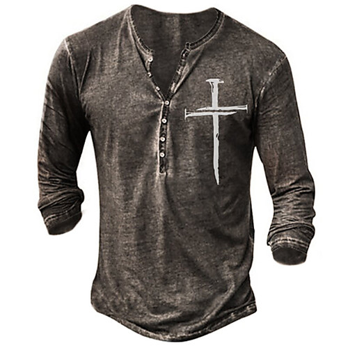 

Men's T shirt Graphic Cross V Neck Casual Daily Button-Down Long Sleeve Tops Cotton Lightweight Slim Fit Big and Tall Black Light Brown Dark Gray