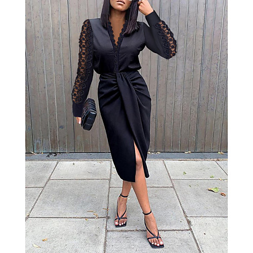 

Women's Sheath Dress Knee Length Dress Black White Long Sleeve Solid Color Split Lace Fall Winter V Neck Work Formal Modern Party Lantern Sleeve 2021 S M L XL