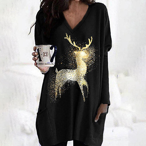 

Women's Christmas Shift Dress Short Mini Dress Black Long Sleeve Animal Sequins Pocket Print Fall Winter V Neck Casual 2021 S M L XL XXL 3XL