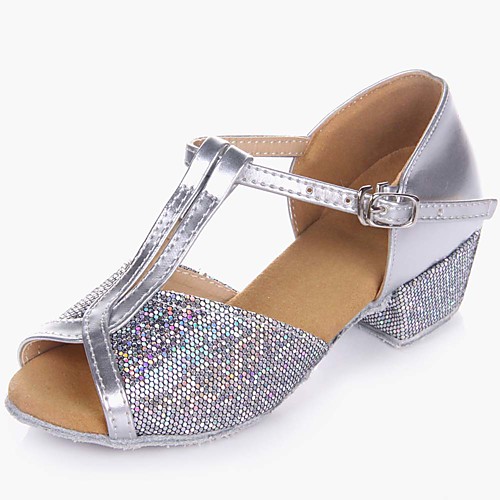 

Girls' Latin Shoes Ballroom Shoes Salsa Shoes Line Dance Heel Low Heel Decorative Heel Gold Silver T-Strap Teenager / Sparkling Glitter / Performance / Practice