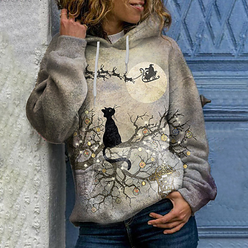 

Women's Hoodie Sweatshirt Cat Elk Front Pocket Print Christmas Christmas Gifts Casual 3D Print Ethnic Streetwear Hoodies Sweatshirts Gray