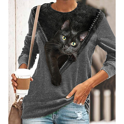 

Women's 3D Cat Painting T shirt Cat 3D Long Sleeve Print Round Neck Basic Tops Regular Fit Blue Yellow Gray / 3D Print