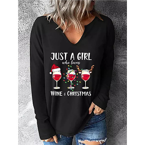 

Women's T shirt Letter Patchwork Print V Neck Christmas Tops Black / 3D Print