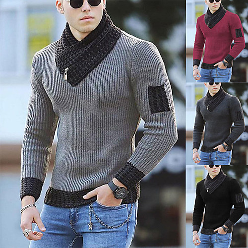 

Men's Pullover Knitted Color Block Ethnic Style Long Sleeve Sweater Cardigans Turtleneck Fall Spring Black Gray Khaki