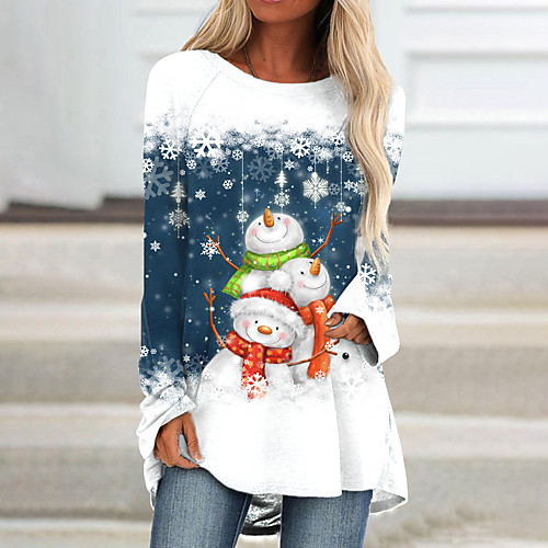

Women's Abstract Painting T shirt Snowflake Snowman Print Round Neck Basic Tops Blue Purple Green / 3D Print