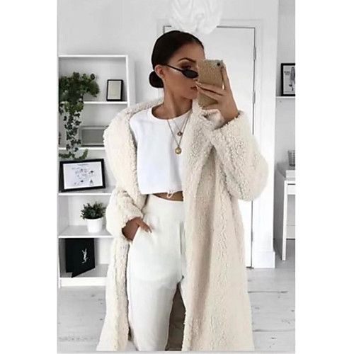 

Women's Teddy Coat Casual Daily Holiday Fall Winter Long Coat Regular Fit Windproof Fashion Elegant Luxurious Jacket Long Sleeve Solid Colored Pocket Blue Khaki White