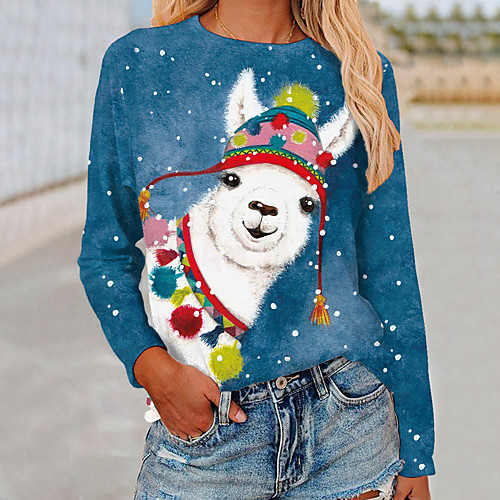 

Women's Painting T shirt Graphic Snowflake Animal Print Round Neck Basic Tops Blue / 3D Print