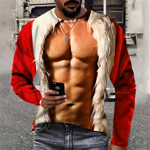 

Men's Christmas T shirt 3D Print Santa Claus Muscle Print Long Sleeve Tops Sportswear Casual Fashion Comfortable Blue Purple Green / Fall / Winter