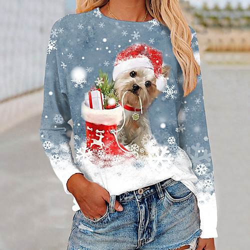 

Women's Painting T shirt Dog Graphic Snowflake Print Round Neck Basic Christmas Tops Blue Purple Blushing Pink / 3D Print