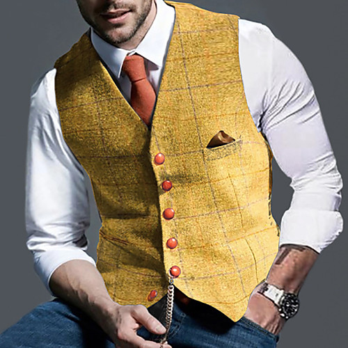 

Men's Vest Waistcoat Dailywear Plaid Single Breasted Regular Fit Polyester Men's Suit Yellow / Gray - V Neck