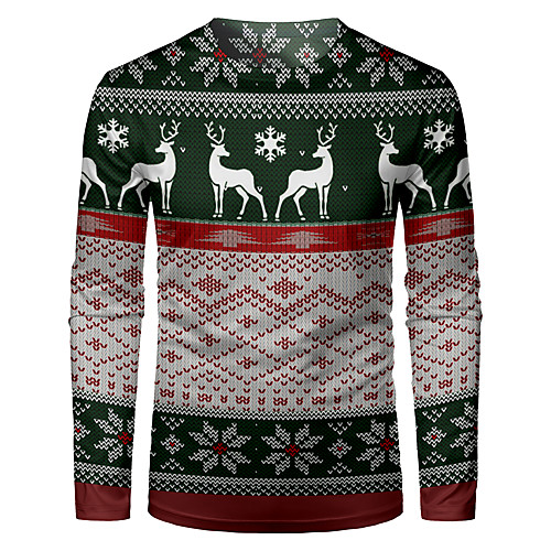 

Men's Christmas T shirt Geometric Snowflake Cartoon Long Sleeve Tops Round Neck Blue Green Rainbow / Fall / Winter