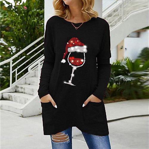 

Women's Painting T shirt Graphic Pocket Print Round Neck Basic Christmas Tops Blue Purple Black