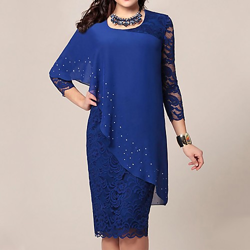 

Women's Shift Dress Knee Length Dress Green Blue Navy Blue 3/4 Length Sleeve Solid Color Embroidered Lace Patchwork Fall Winter Round Neck Elegant Sexy Party 2022 S M L XL XXL 3XL 4XL 5XL