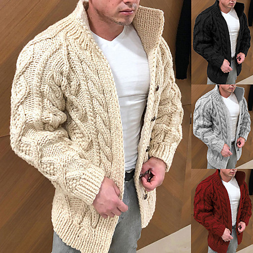 

Men's Cardigan Sweater Knitted Solid Color Stylish Casual Long Sleeve Sweater Cardigans Stand Collar Fall Winter Black Gray Red