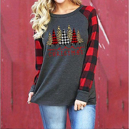 

Women's Painting T shirt Plaid Graphic Text Print Round Neck Basic Tops Red / 3D Print