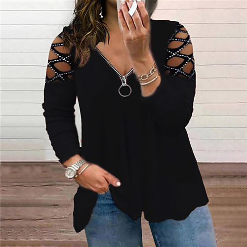 

Women's Plus Size Tops Solid Color Blouse Off Shoulder Shirt Long Sleeve V Neck T Shirts Casual Spring Fall Tops Black