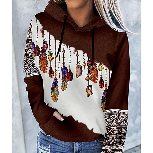 

Women's Hoodie Pullover Color Block Leopard Feather Front Pocket Print Daily Going out 3D Print Casual Streetwear Hoodies Sweatshirts Camel Green Brown