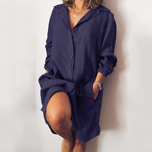 

Women's Shirt Dress Knee Length Dress Green Blue White Black Gray Red Navy Blue Yellow Long Sleeve Solid Color Pure Color Pocket Button Fall Spring Shirt Collar Casual Modern Loose 2022 S M L XL XXL
