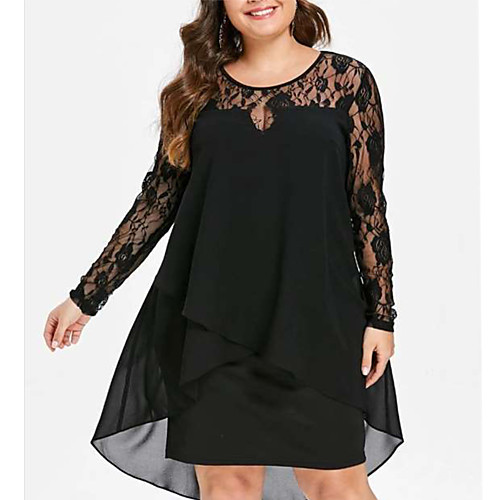 

Women's Plus Size A Line Dress Solid Color Round Neck Layered Long Sleeve Spring Summer Vintage Prom Dresses Knee Length Dress Party Vacation Dress / Lace