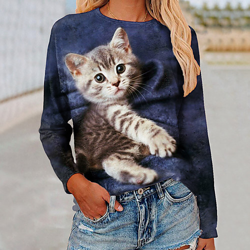 

Women's 3D Cat Painting T shirt Cat 3D Print Round Neck Basic Cute Tops Blue