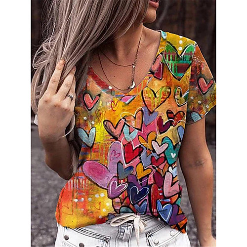

Women's Valentine's Day Couple T shirt Graphic Heart Print V Neck Basic Vintage Boho Tops Rainbow / 3D Print