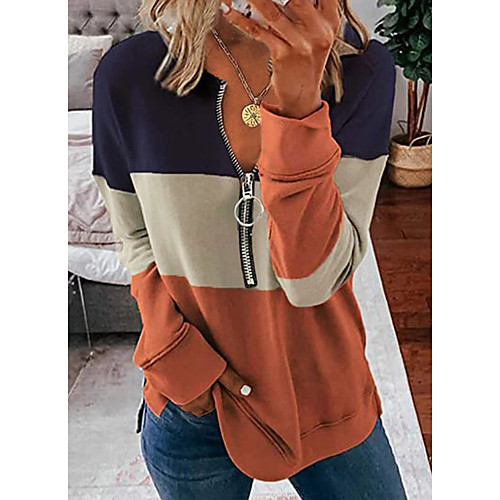 

Women's Blouse Shirt Color Block Zipper Patchwork V Neck Basic Streetwear Tops Cotton Blue Black Red