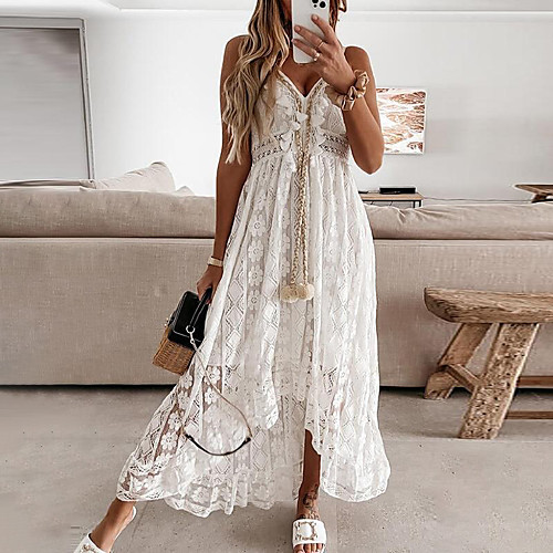 

Women's Swing Dress Maxi long Dress White Beige Sleeveless Print Embroidered Lace Spring Summer V Neck Casual Holiday Boho 2022 S M L XL XXL